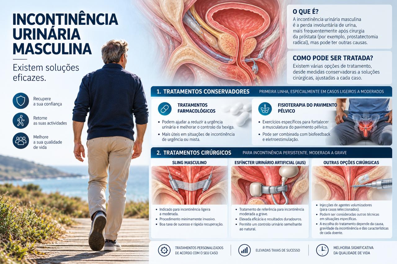 Infografia sobre incontinência urinária masculina e tratamentos
