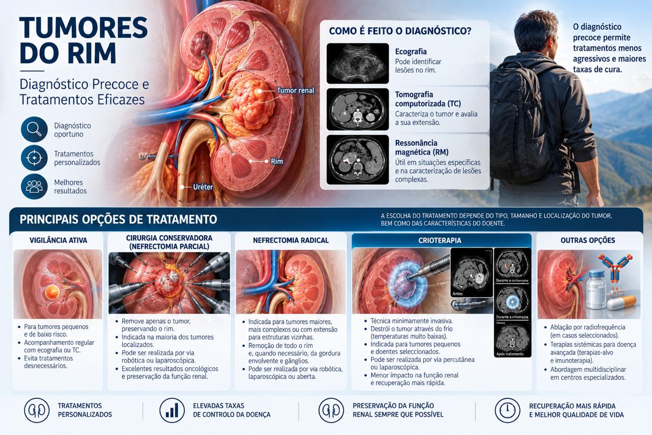 Infografia sobre tumores do rim, exames de diagnóstico e opções de tratamento
